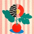 Graphic Illustration: Tomato And Leaf On Pink Background