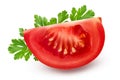 Tomato slice isolated on white background with clipping path and full depth of field. Royalty Free Stock Photo