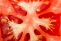 Tomato slice macro, natural background. Juicy red tomato slice closeup with flesh seeds and textures Royalty Free Stock Photo