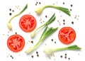 tomato slices, green onion and pepper