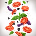 Tomato slices, olives, basil illustration. Assorted composition