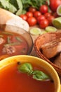 Tomato soup with basil and meatballs Royalty Free Stock Photo
