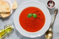 Tomato soup with Basil and spices in a white plate Royalty Free Stock Photo