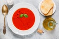 Tomato soup with Basil and spices in a white plate Royalty Free Stock Photo