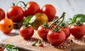 Tomato soup with basil in a wooden bowl on a white wooden table Royalty Free Stock Photo