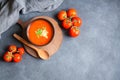 Tomato soup in bowl with fresh organic tomatoes on table Royalty Free Stock Photo