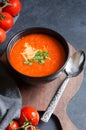 Tomato soup in bowl with fresh organic tomatoes on table Royalty Free Stock Photo