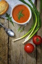 Tomato soup with bun, green onions and arugula garnish on rustic Royalty Free Stock Photo