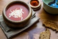 Tomato Soup with Cheese on a wooden surface. Royalty Free Stock Photo