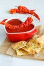 Tomato soup with chili and cheese crisps Royalty Free Stock Photo