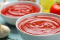 Tomato soup close-up and ingredients for cooking, tomatoes and garlic Royalty Free Stock Photo