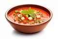 Tomato soup with croutons and basil isolated on white background Royalty Free Stock Photo