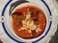 Tomato soup with croutons and boiled egg Andalusian Gazpacho typical spanish cold dish Royalty Free Stock Photo