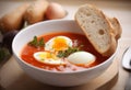 Tomato soup eggs bowl with fresh bread. Generate Ai