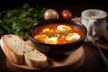 Tomato soup eggs bowl. Generate Ai