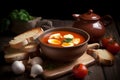 Tomato soup eggs bowl on wooden board. Generate Ai