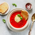 Tomato soup with mozzarella cheese, Basil and spices Royalty Free Stock Photo