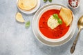 Tomato soup with mozzarella cheese, Basil and spices in a white plate. A thick, hearty dish, served with bread toast and olive oil Royalty Free Stock Photo