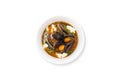 Tomato soup with mussels, parsley, basil, philadelphia isolated on white background. Royalty Free Stock Photo