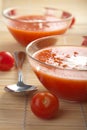 Tomato soup over bamboo mat Royalty Free Stock Photo