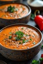 Tomato soup with parsley and spices in bowl on dark background Royalty Free Stock Photo