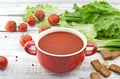 Tomato soup in red ceramic bowl on rustic wooden background. Hea Royalty Free Stock Photo