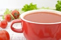 Tomato soup in red ceramic bowl on rustic wooden background. Hea Royalty Free Stock Photo