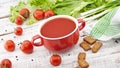 Tomato soup in red ceramic bowl on rustic wooden background. Hea Royalty Free Stock Photo