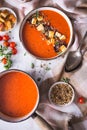 Tomato Soup with Red Pepper, Halloumi, Dukkah Spices and Oregano