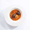 Tomato soup with seafood top view