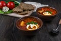 Tomato soup . Traditional Ukrainian beetroot and tomato soup - borsch in clay pot with sour cream, garlic, herbs and bread