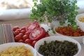 Tomato soup, Tricolors pasta, italian pasta, regular pasta, mini shells pasta, Royalty Free Stock Photo
