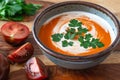 Tomato soup with whipping cream and fresh parsley close up in a bowl Royalty Free Stock Photo