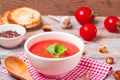 Tomato soup in a white bowl . Traditional red cold gazpacho soup with tomatoes. Spanish cusine Royalty Free Stock Photo