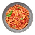 Tomato spaghetti in gray bowl isolated on white background. Tomato sauce pasta is classic italian cuisine dish