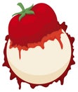 Tomato squished over round button spilling ketchup, Vector illustration