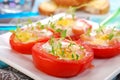 Tomato stuffed with quail egg Royalty Free Stock Photo