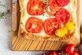Tomato tart, puff pastry topped with cream cheese or ricotta and tomatoes. Royalty Free Stock Photo