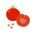 Tomato vector flat illustration. Whole and halved tomato and seeds isolated on white background. Packaging design