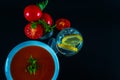 Tomato vegetarian soup with metal tin, fresh tomatoes, water wit Royalty Free Stock Photo