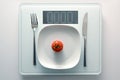 Tomato on a white plate and cutlery on a personal weight scale showing zero, healthy diet and slimming concept, copy space, high Royalty Free Stock Photo