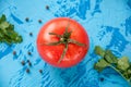 Tomato whith whater drops over on blue background