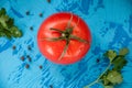 Tomato whith whater drops over on blue background