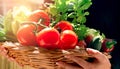 Tomato in wicker basket in hands of young girl Royalty Free Stock Photo