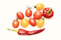 Tomato of yellow and red colors with chili peppers Royalty Free Stock Photo