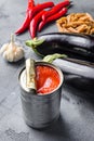 Tomatoe sauce canned ingredients eggplant pasta, pepper tomatoe sauce, on grey background side view selective focus Royalty Free Stock Photo