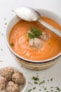 Tomatoe soup with meatballs in bowl with spoon Royalty Free Stock Photo
