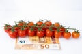 Tomatoes on banknotes close-up. Rising food prices due to the war in Ukraine