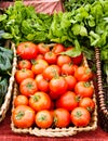 Tomatoes and basil on display in baskets