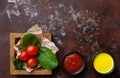 Tomatoes and basil leaves with sauces top view Royalty Free Stock Photo